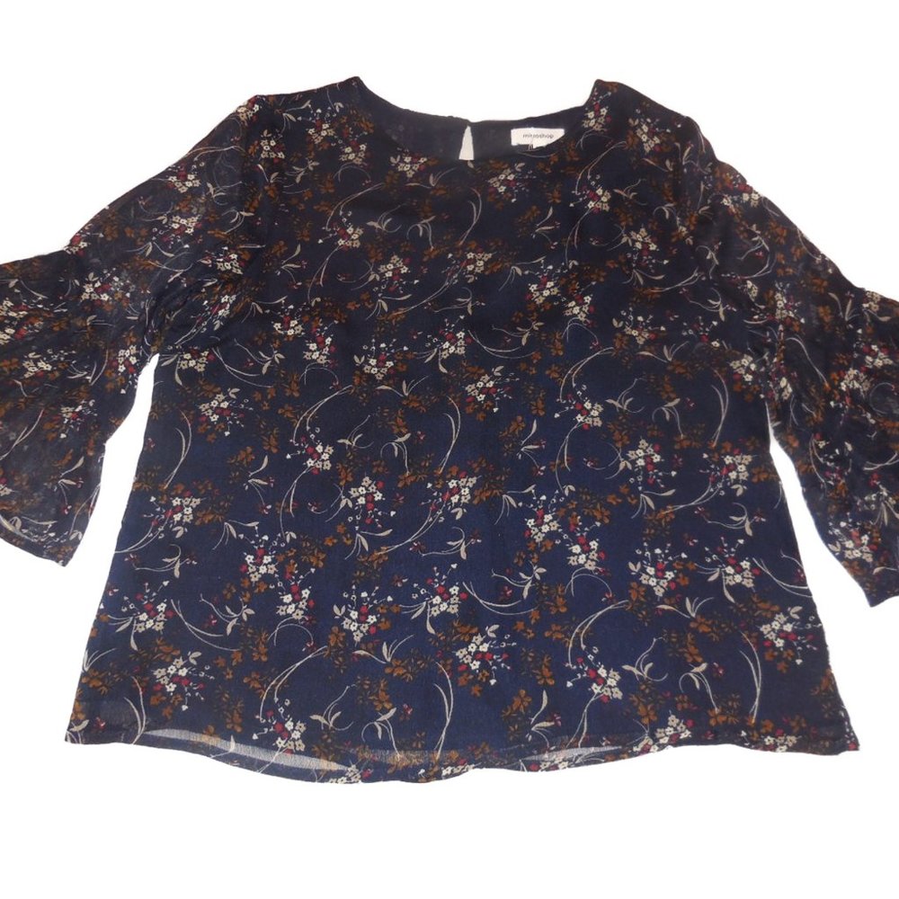 Blouse NWT SMALL Floral Chiffon Navy Blue ruffled sleeve tunic top careerwear